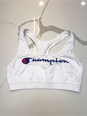 Champion White Sports Bra with Blue and Red Logo - Racerback
